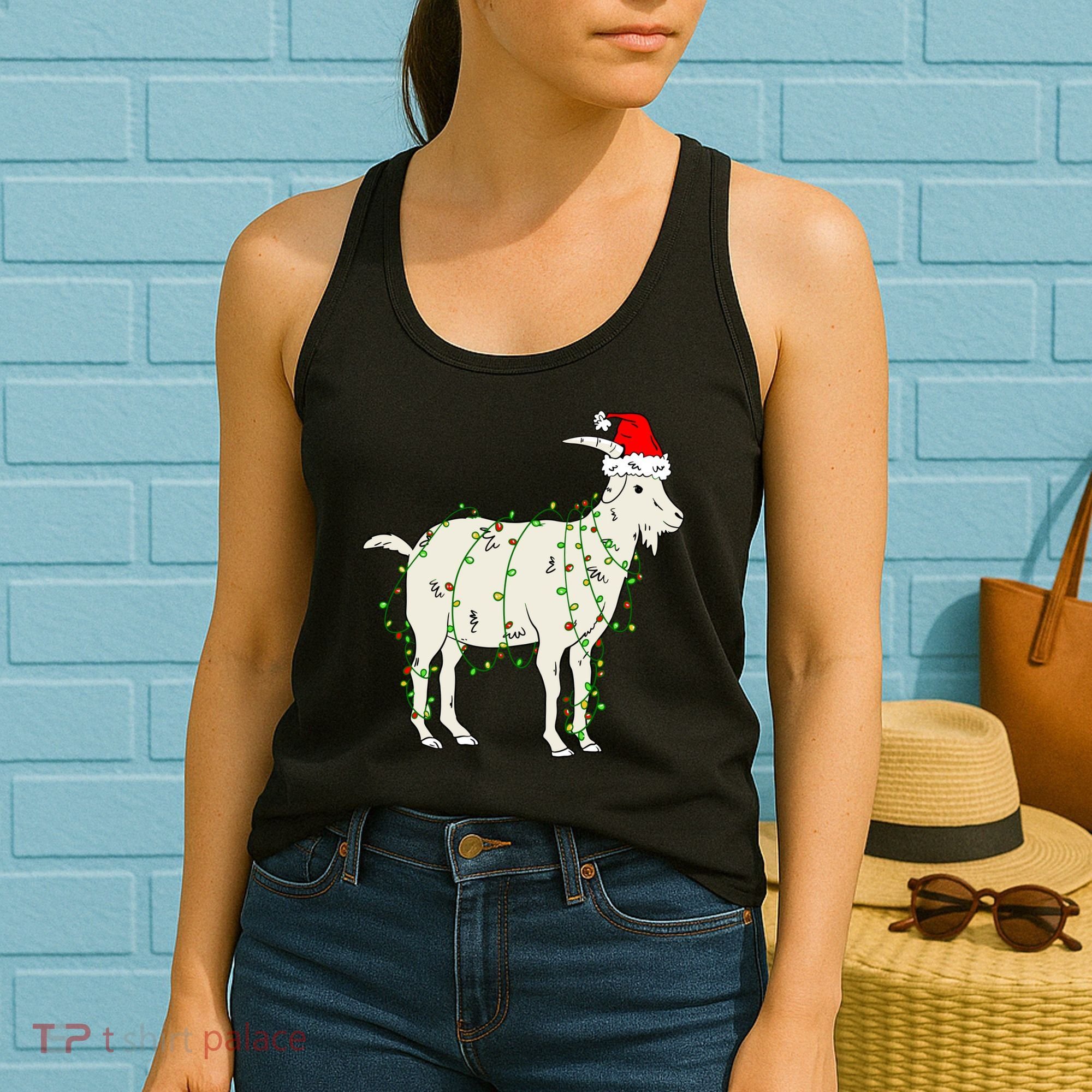 Funny Goat In Tangled Christmas Lights Santa Claus Hat Women's Tank Top