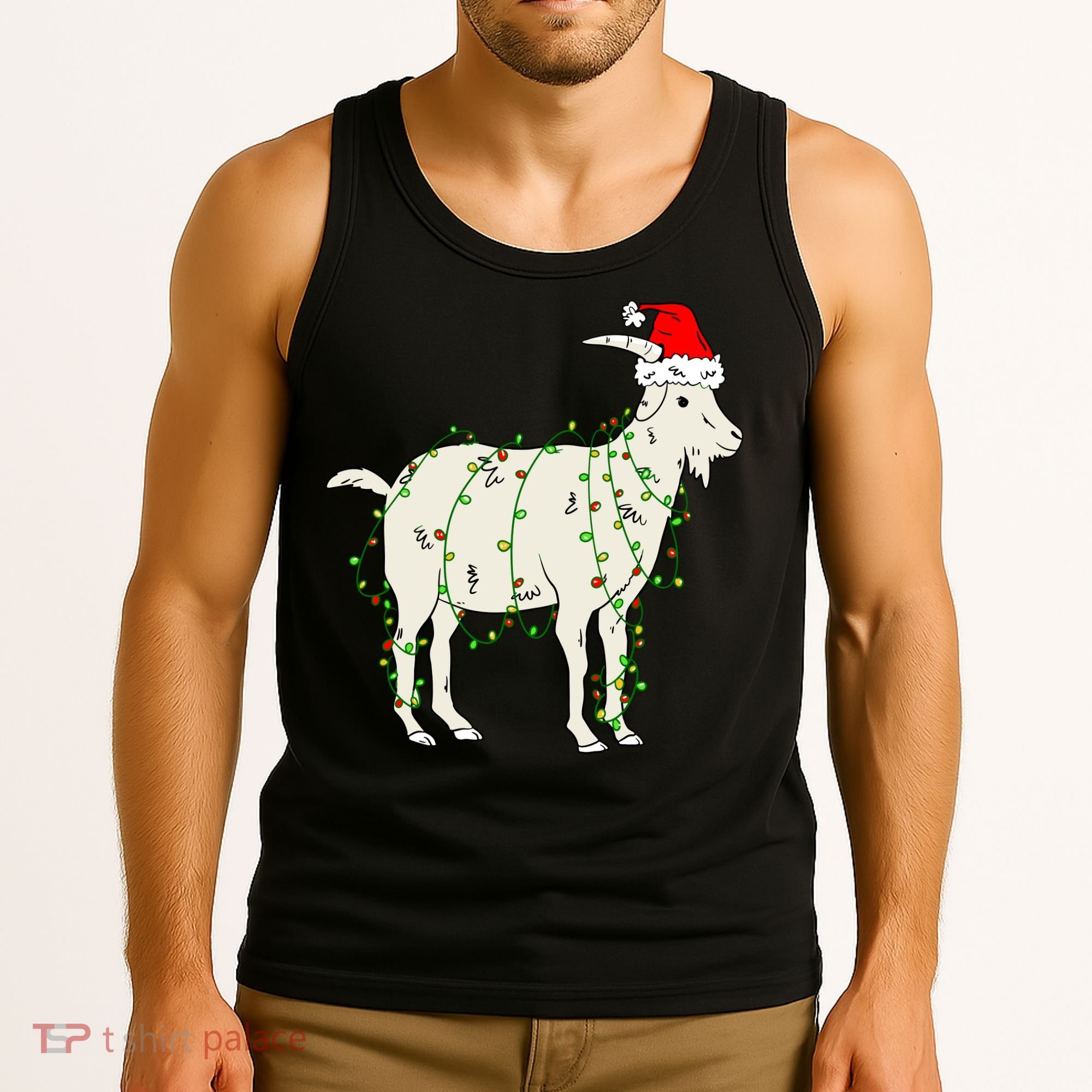 Funny Goat In Tangled Christmas Lights Santa Claus Hat Tank Top