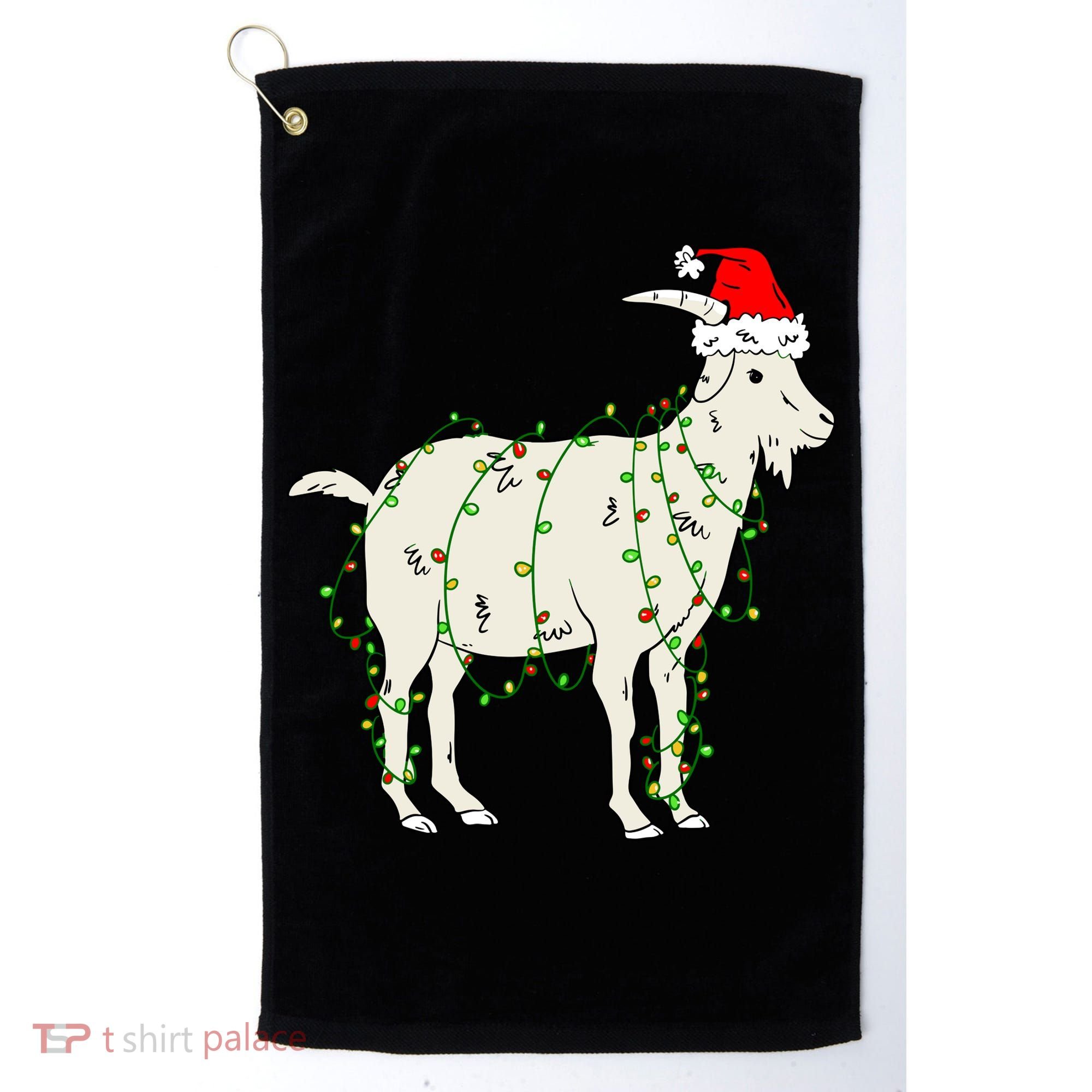 Funny Goat In Tangled Christmas Lights Santa Claus Hat Golf Towel