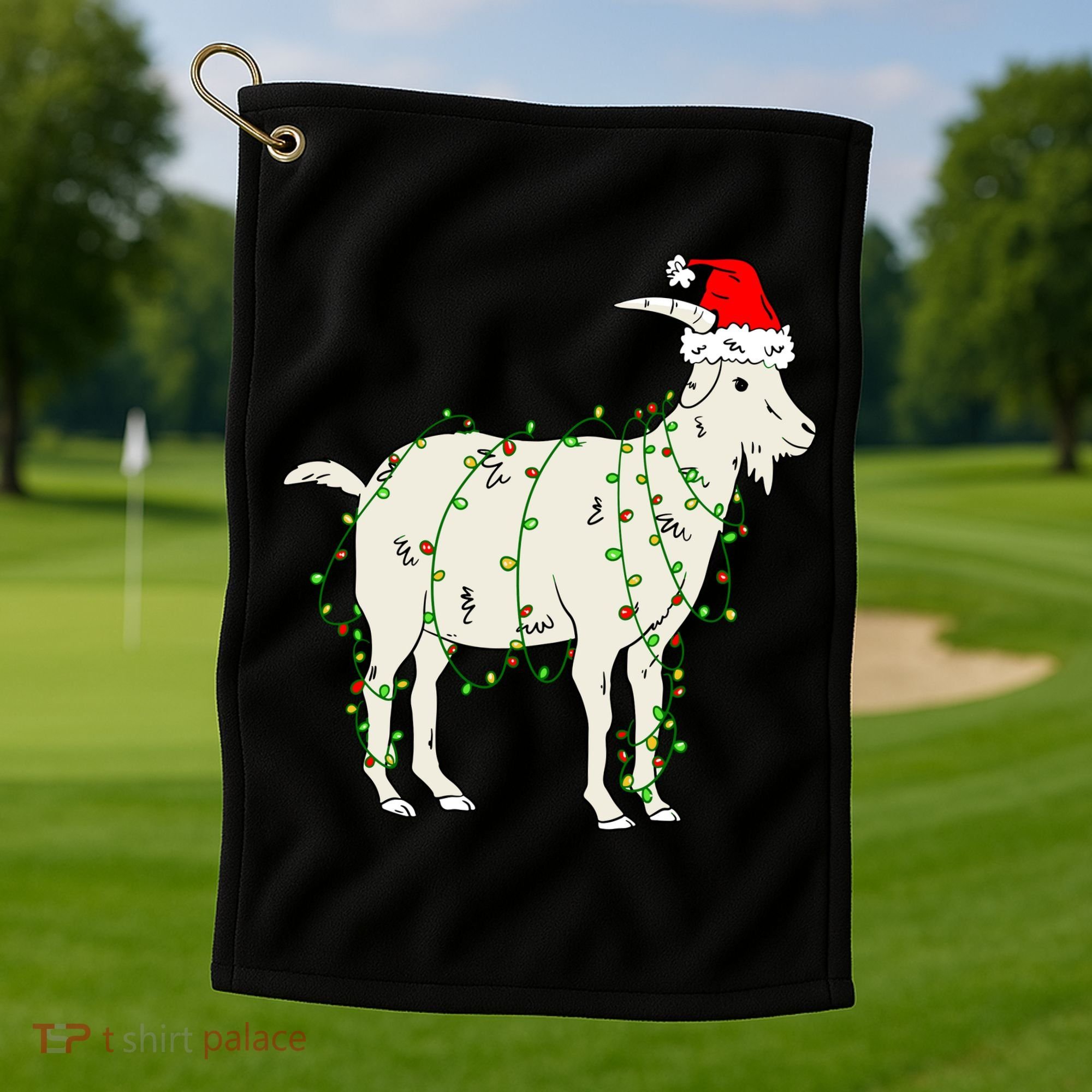 Funny Goat In Tangled Christmas Lights Santa Claus Hat Golf Towel
