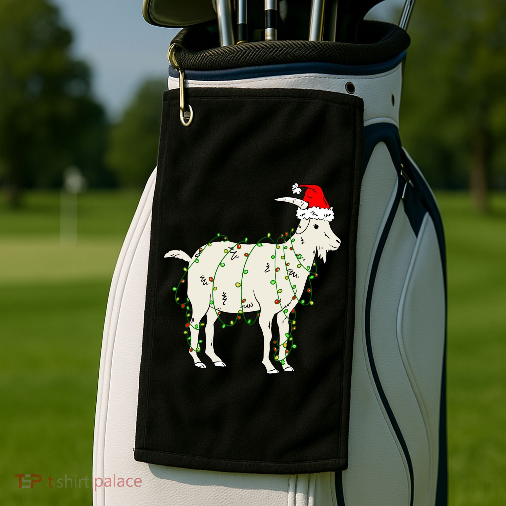 Funny Goat In Tangled Christmas Lights Santa Claus Hat Golf Towel