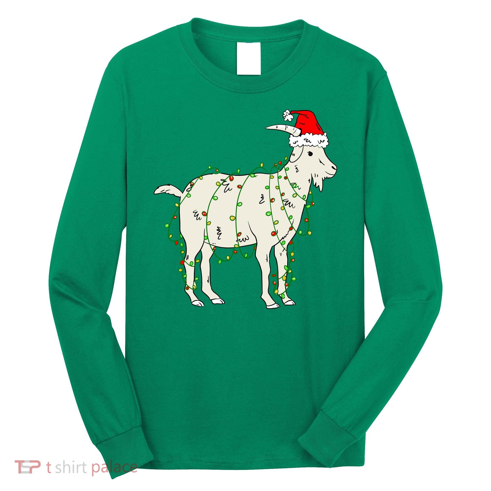Funny Goat In Tangled Christmas Lights Santa Claus Hat Long Sleeve Shirt
