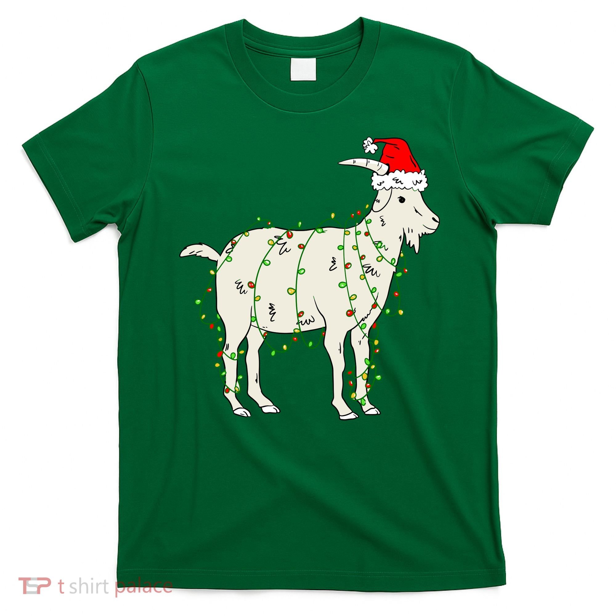 Funny Goat In Tangled Christmas Lights Santa Claus Hat T-Shirt