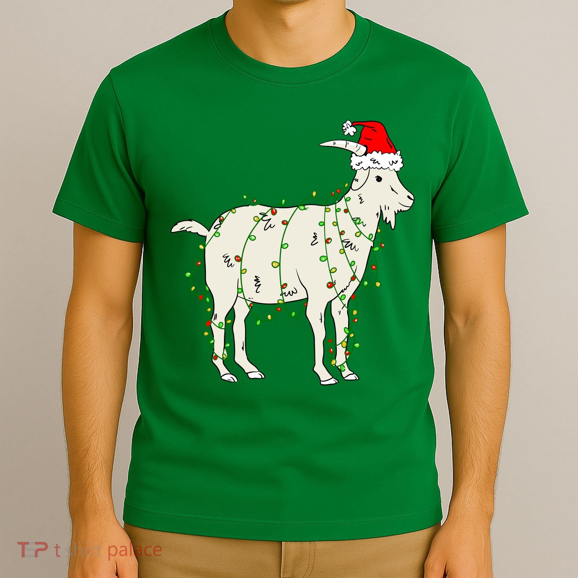 Funny Goat In Tangled Christmas Lights Santa Claus Hat T-Shirt