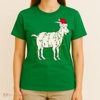 Funny Goat In Tangled Christmas Lights Santa Claus Hat T-Shirt thumb 4