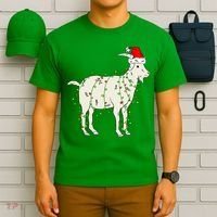 Funny Goat In Tangled Christmas Lights Santa Claus Hat T-Shirt thumb 6