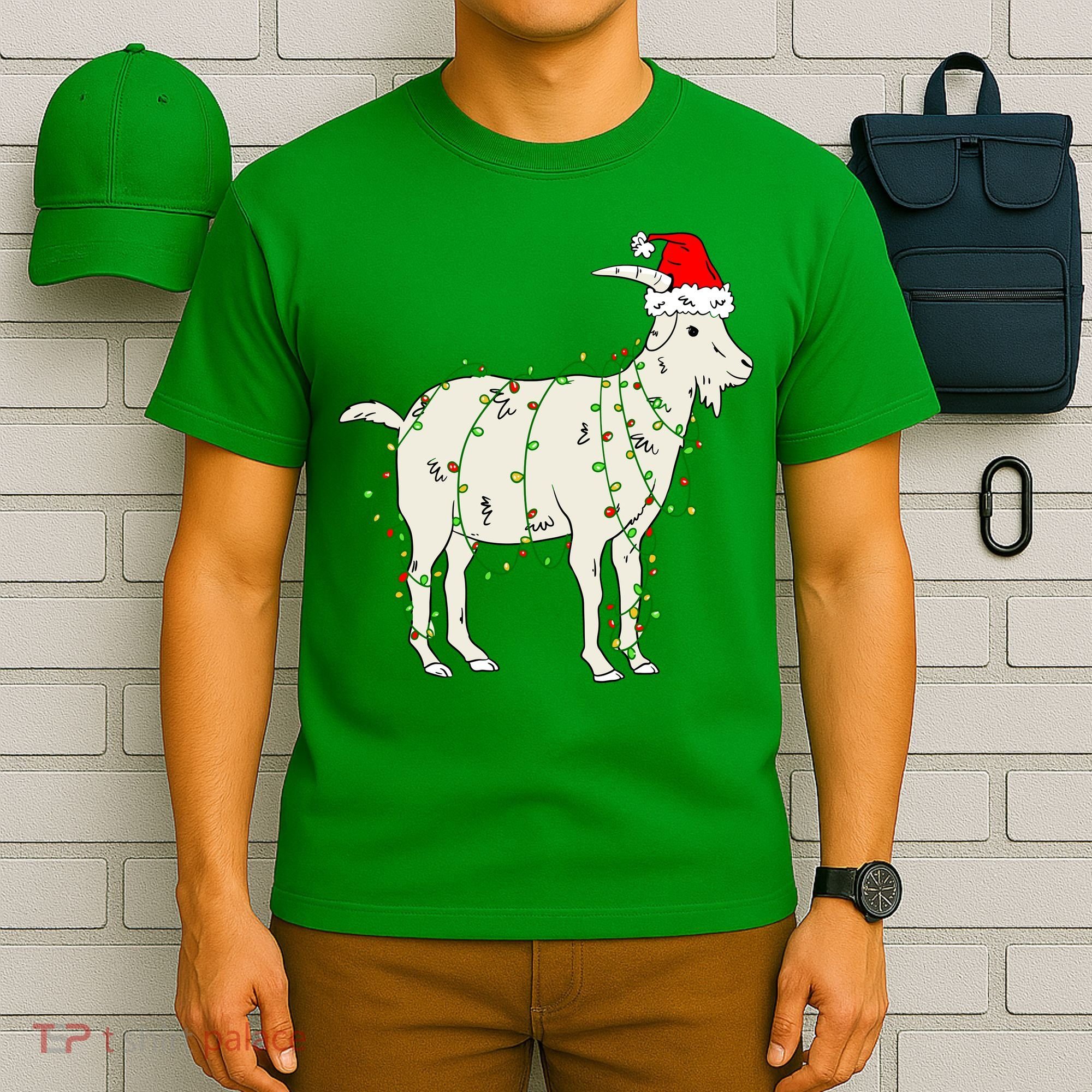 Funny Goat In Tangled Christmas Lights Santa Claus Hat T-Shirt