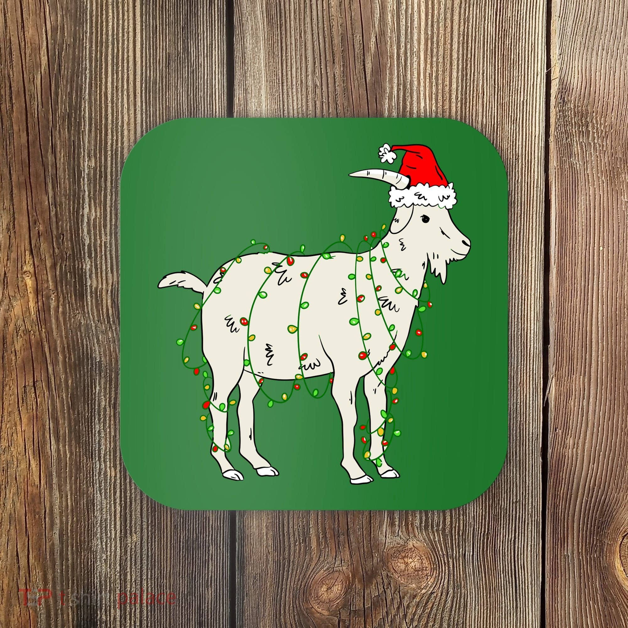 Funny Goat In Tangled Christmas Lights Santa Claus Hat Coaster