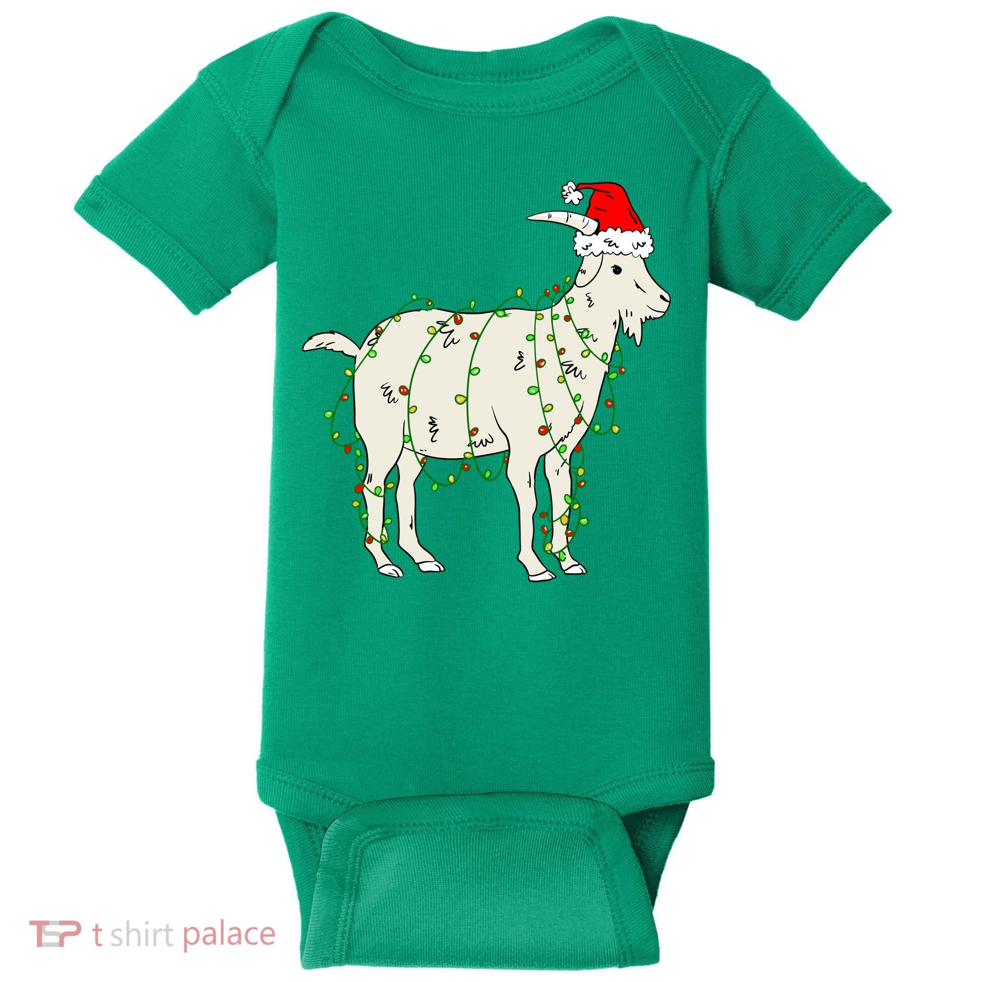 Funny Goat In Tangled Christmas Lights Santa Claus Hat Baby Bodysuit