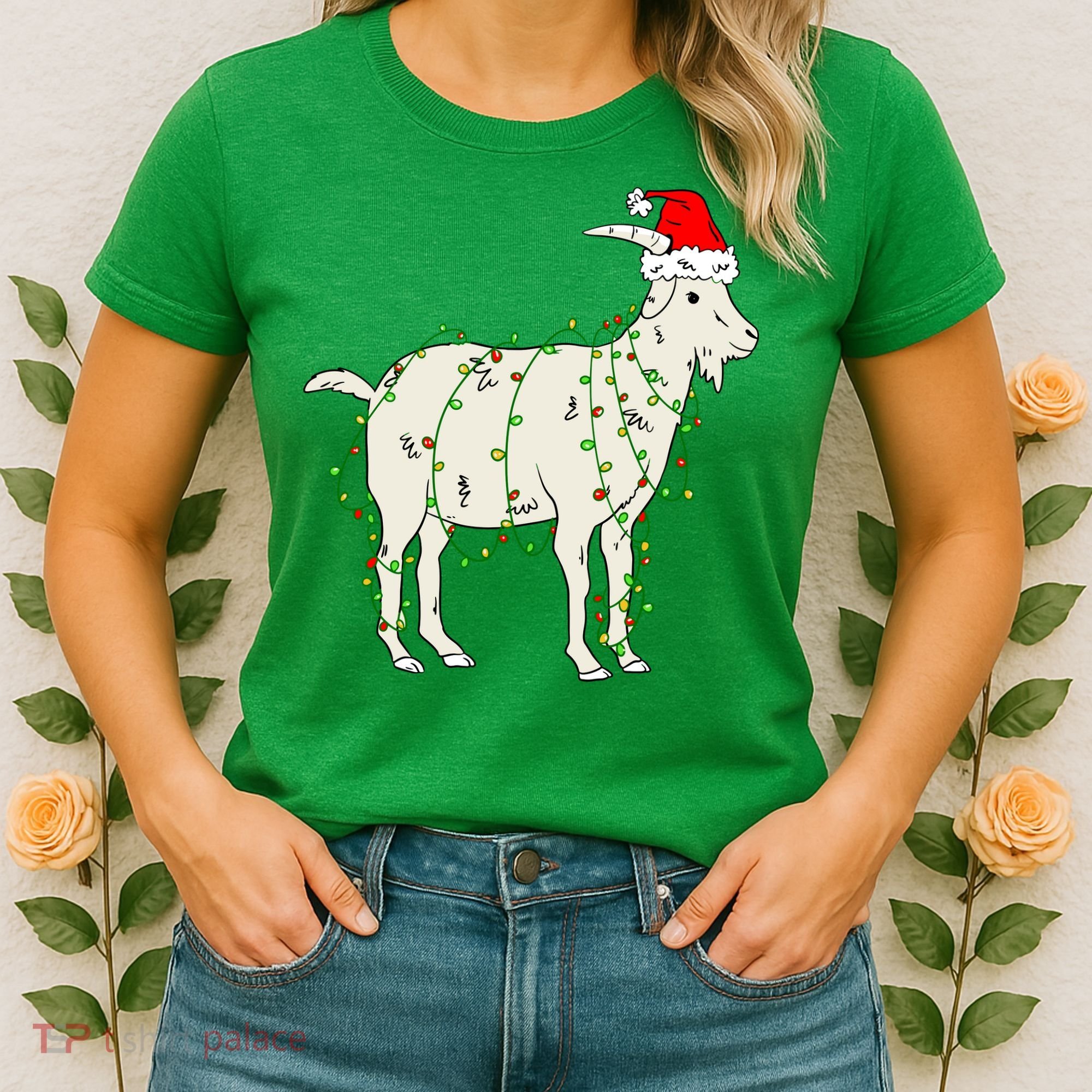 Funny Goat In Tangled Christmas Lights Santa Claus Hat Women's T-Shirt