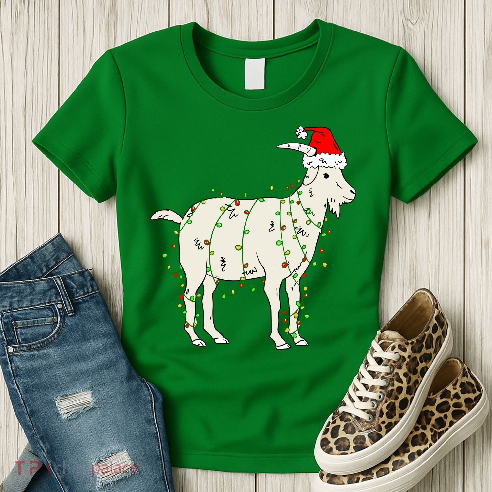 Funny Goat In Tangled Christmas Lights Santa Claus Hat Women's T-Shirt