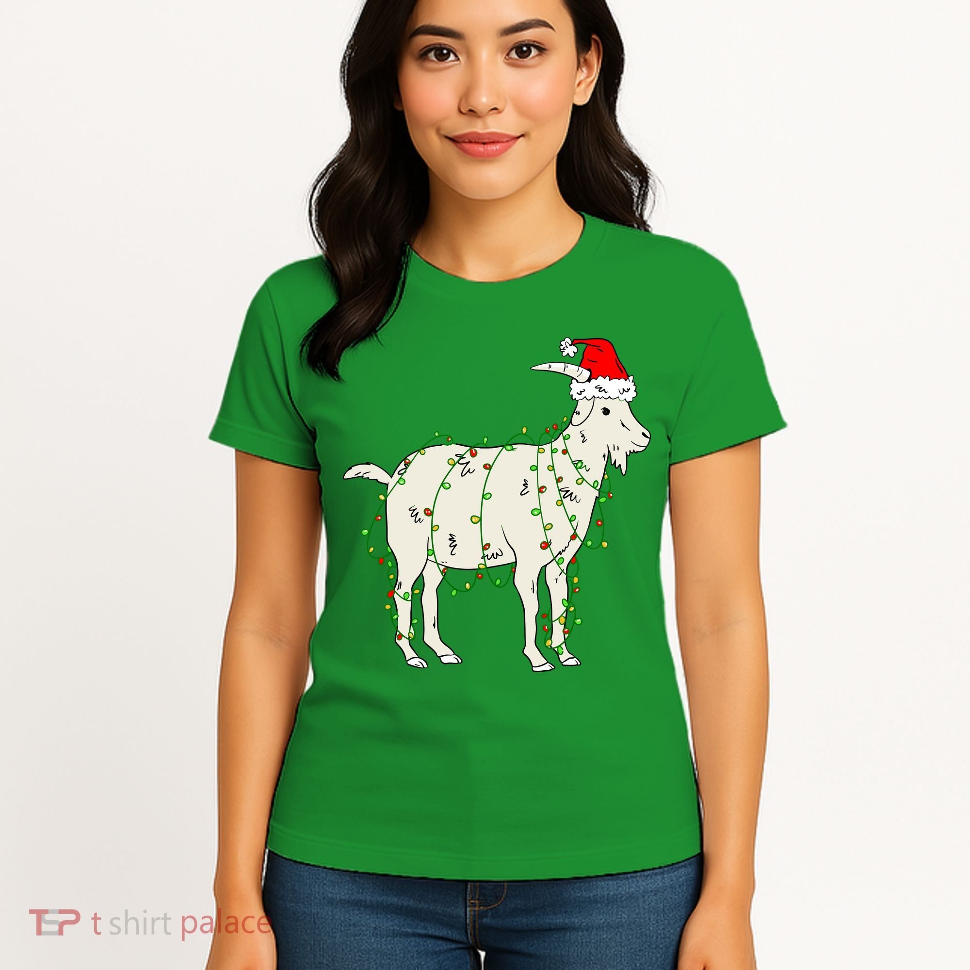 Funny Goat In Tangled Christmas Lights Santa Claus Hat Women's T-Shirt
