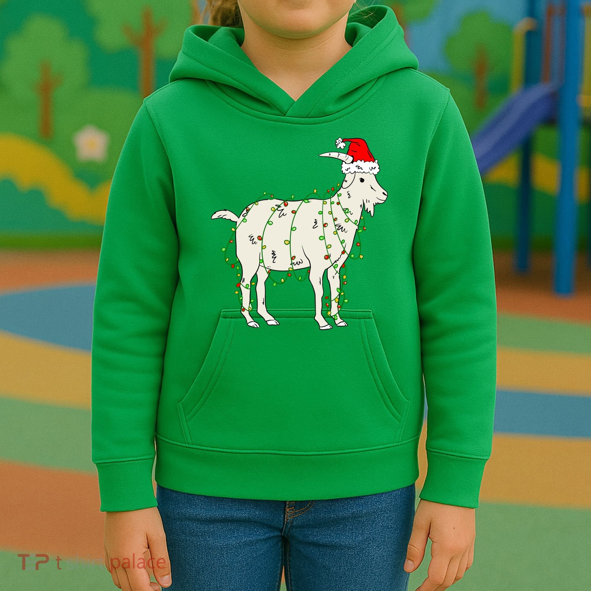 Funny Goat In Tangled Christmas Lights Santa Claus Hat Kids Hoodie