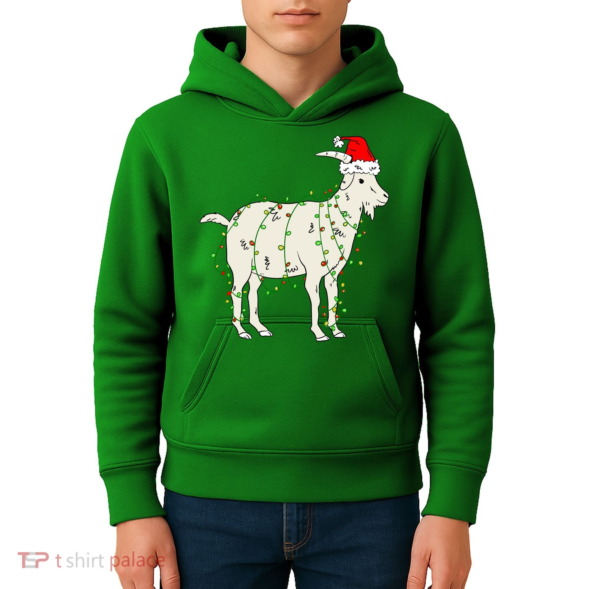 Funny Goat In Tangled Christmas Lights Santa Claus Hat Kids Hoodie