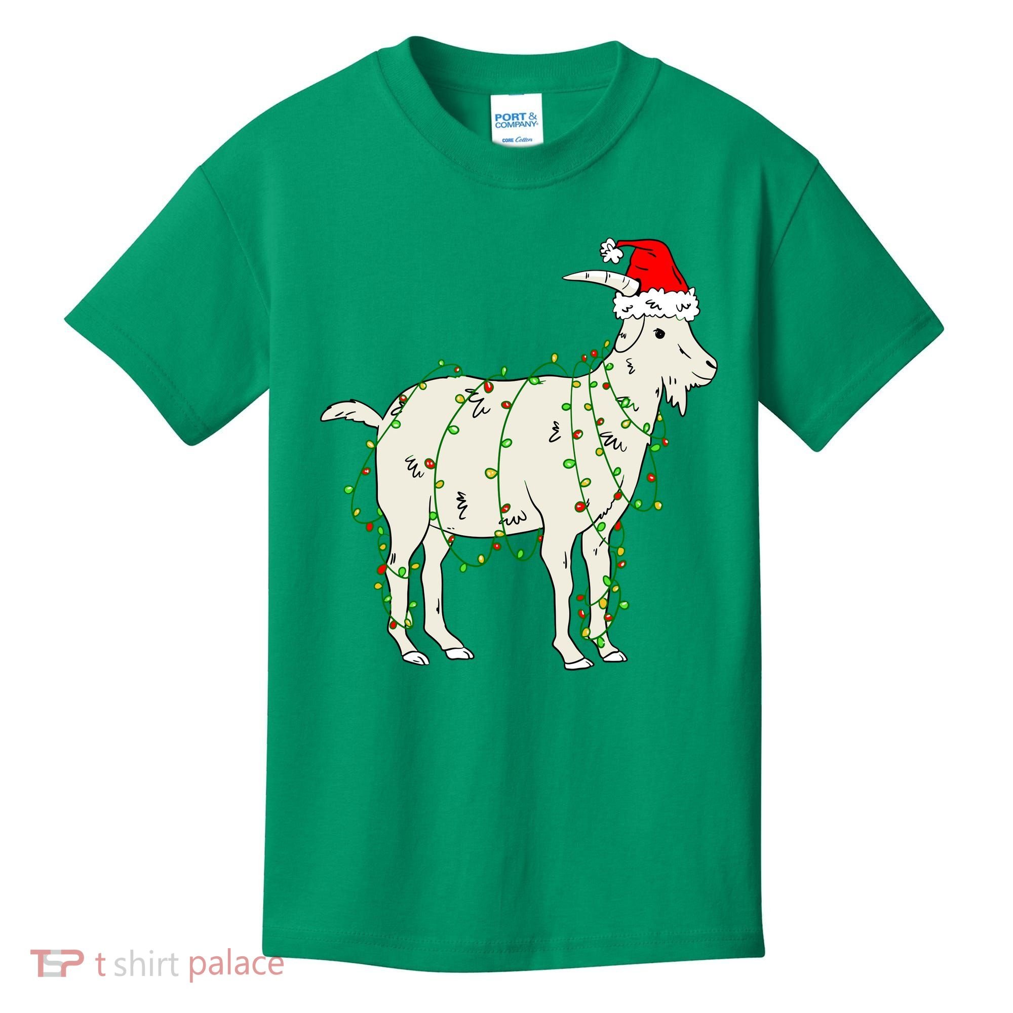 Funny Goat In Tangled Christmas Lights Santa Claus Hat Kids T-Shirt