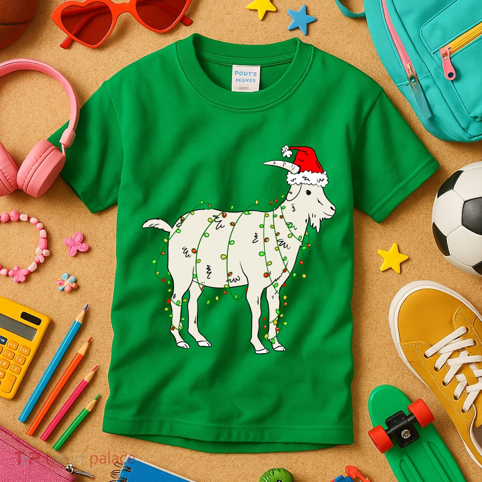 Funny Goat In Tangled Christmas Lights Santa Claus Hat Kids T-Shirt