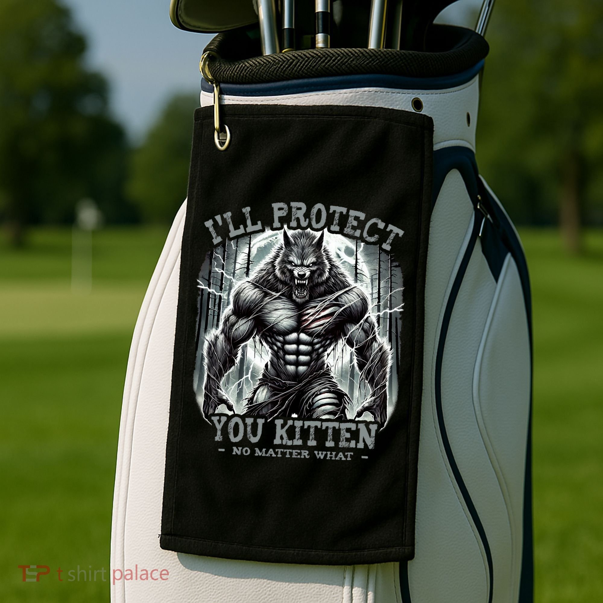 Funny Graphic ILl Protect You Kitten Alpha Wolf Golf Towel