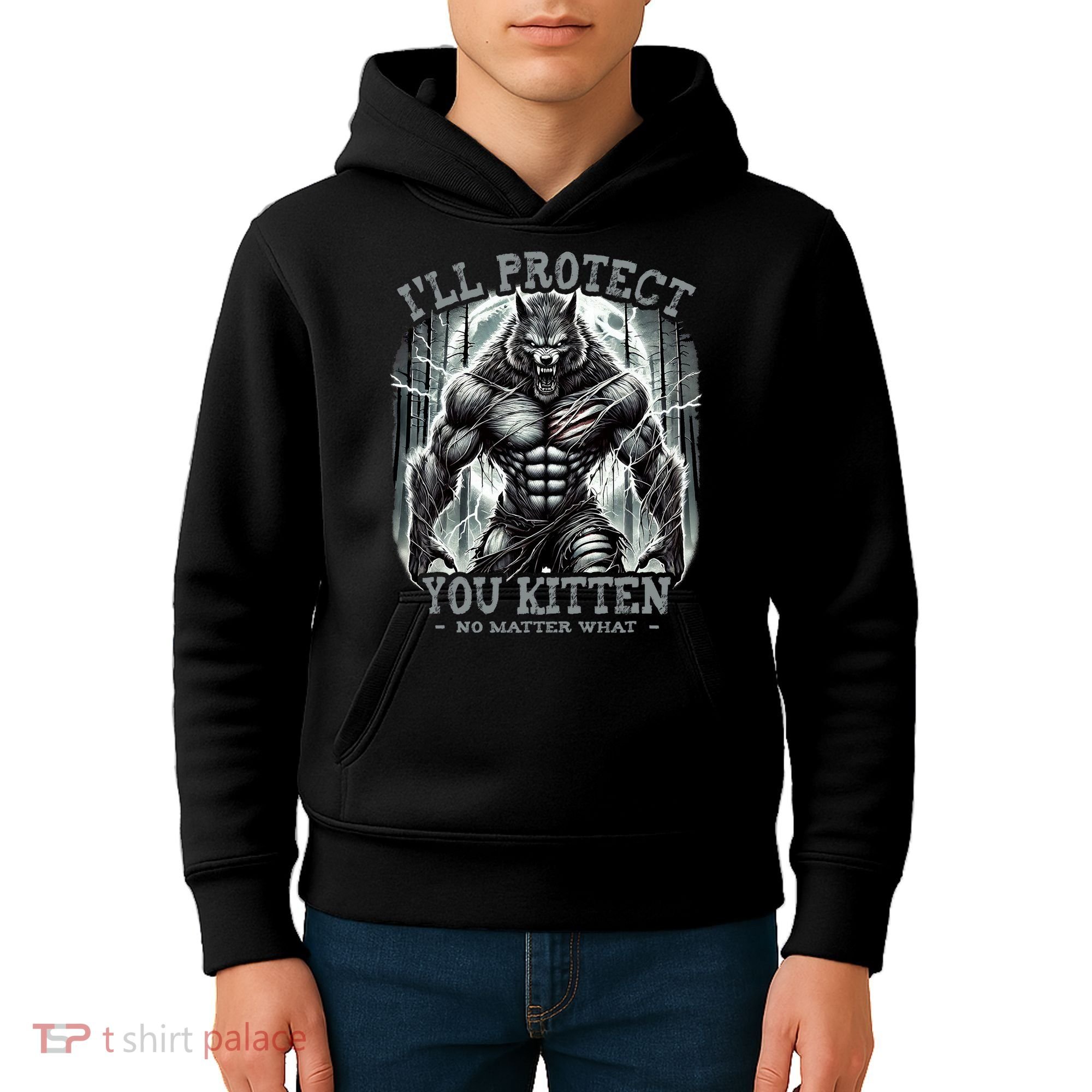 Funny Graphic ILl Protect You Kitten Alpha Wolf Kids Hoodie