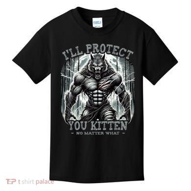 Funny Graphic ILl Protect You Kitten Alpha Wolf Kids T-Shirt