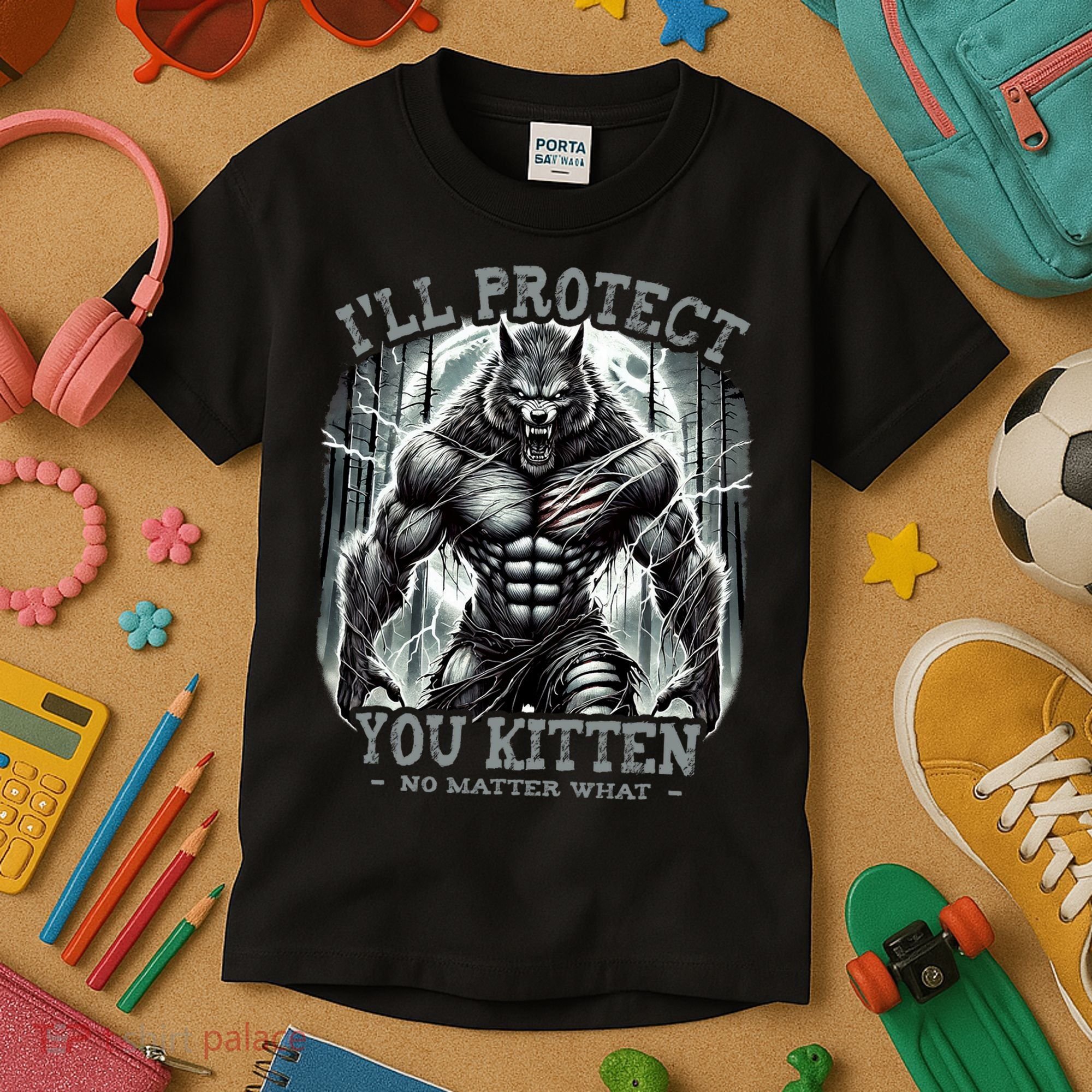 Funny Graphic ILl Protect You Kitten Alpha Wolf Kids T-Shirt