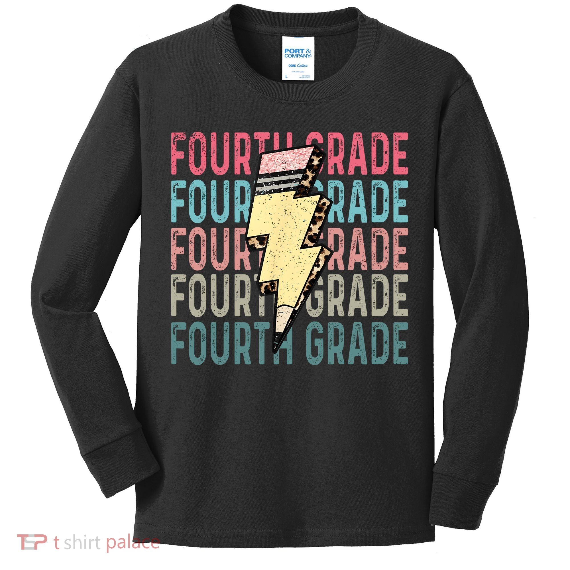 Fourth Grade Lightning Bolt Pencil Retro Teacher Kids Long Sleeve Shirt