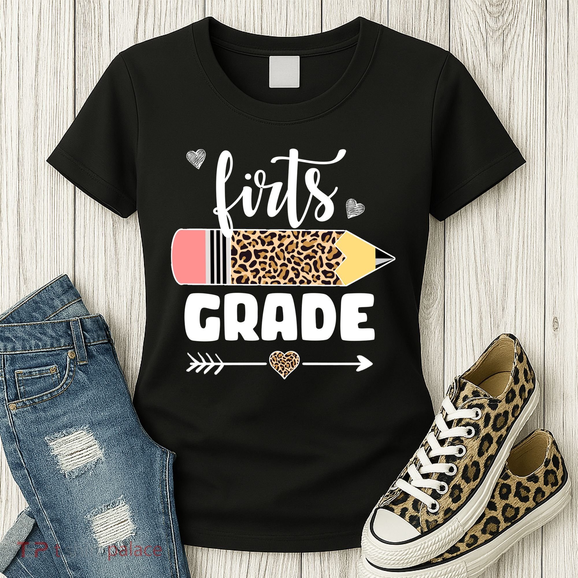 First Grade Leopard Pencil 1st Grader Students Teachers Women's T-Shirt