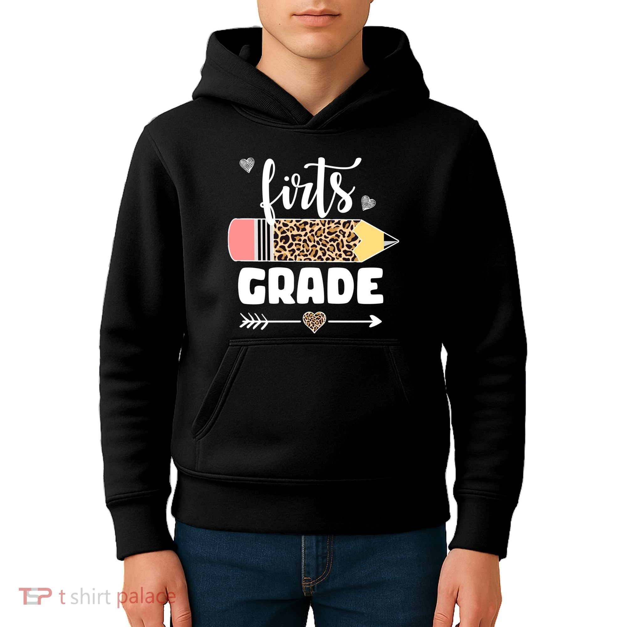 First Grade Leopard Pencil 1st Grader Students Teachers Kids Hoodie