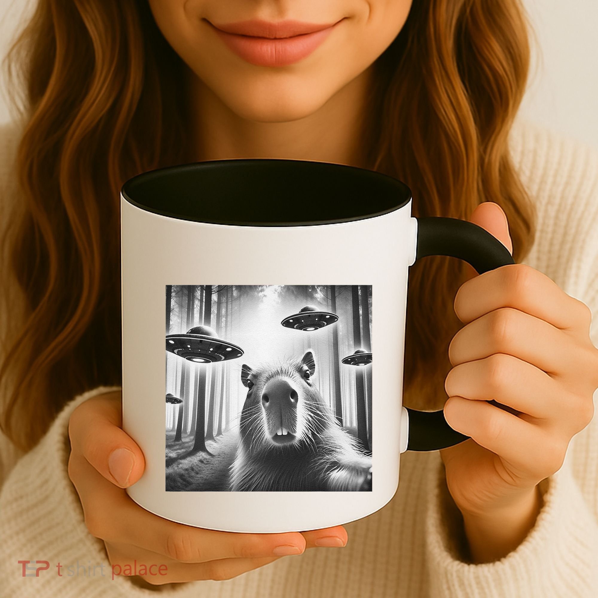 Funny Graphic Novelty Capybara Selfie With Ufo Weird Silly Coffee Mug