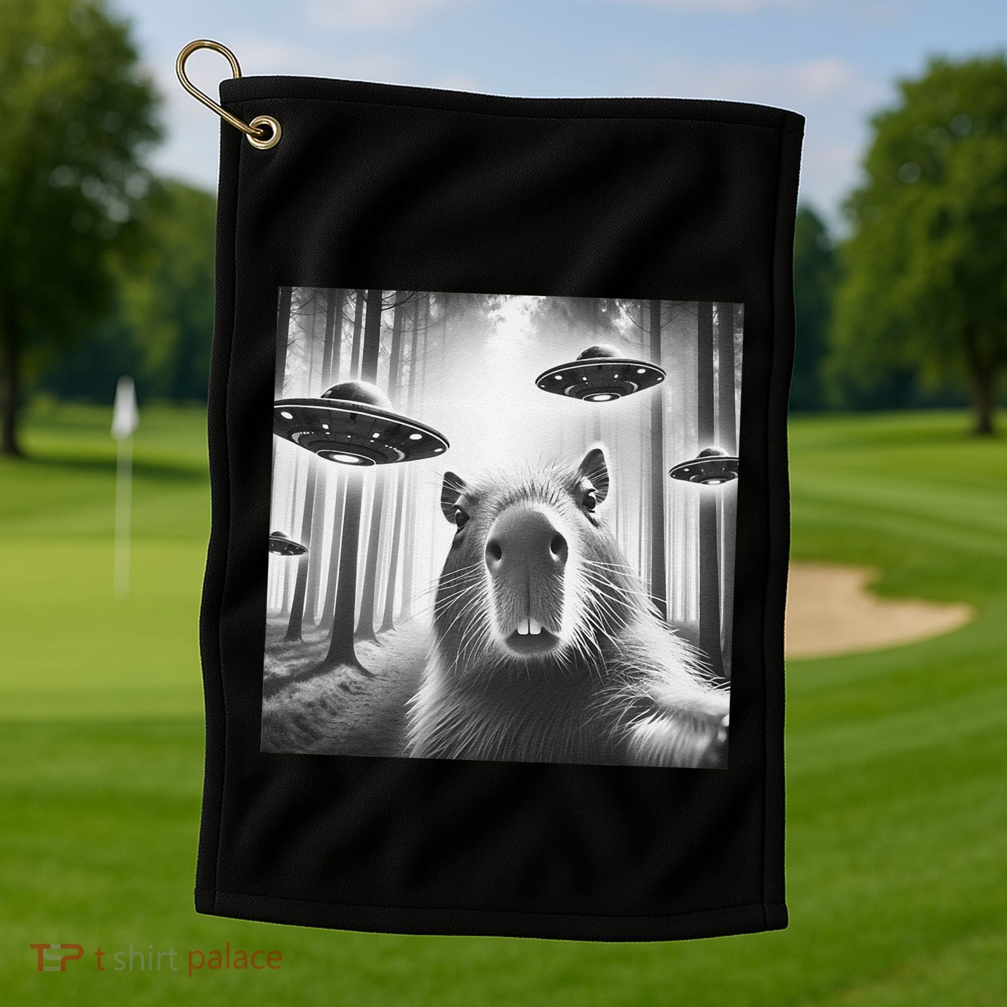 Funny Graphic Novelty Capybara Selfie With Ufo Weird Silly Golf Towel
