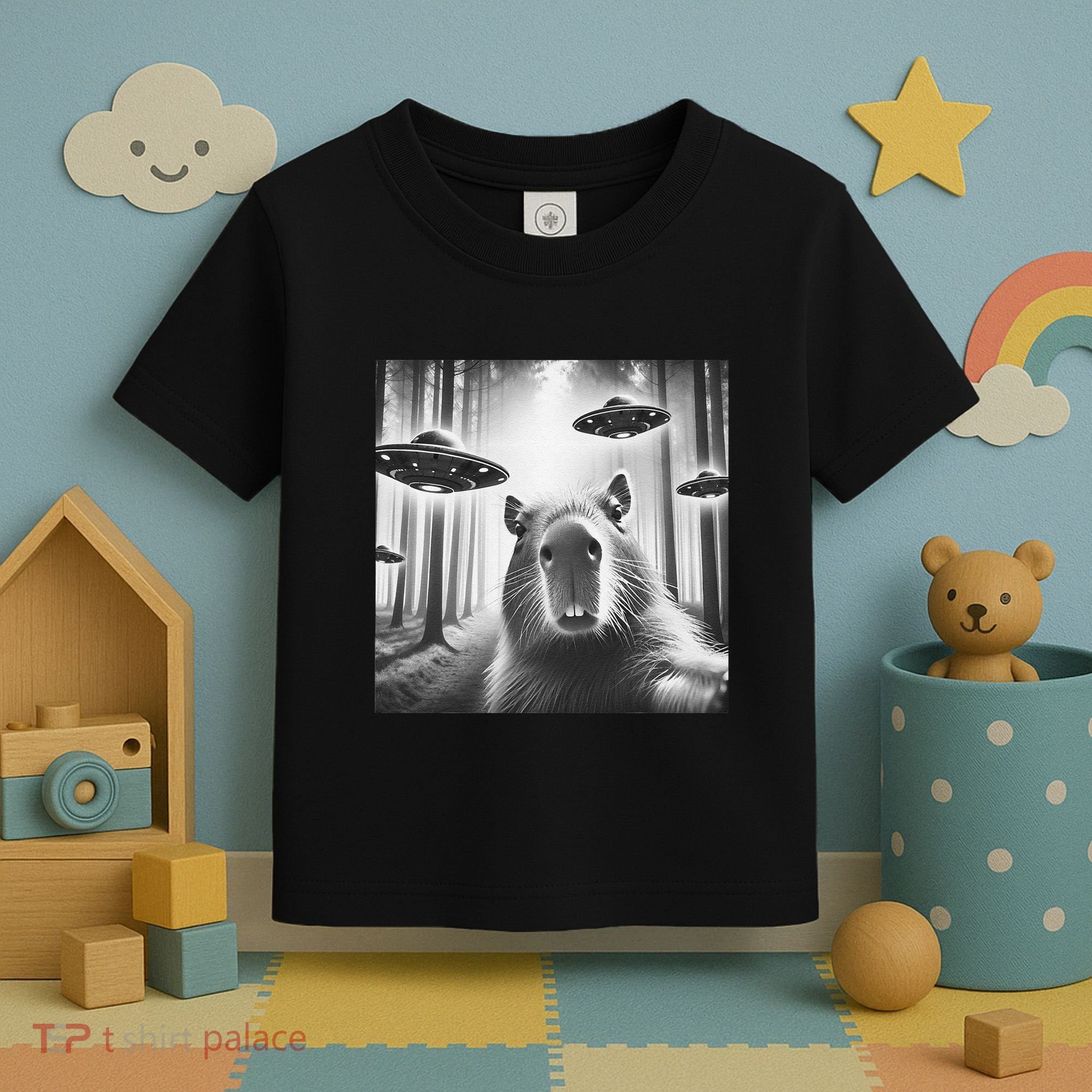Funny Graphic Novelty Capybara Selfie With Ufo Weird Silly Toddler T-Shirt