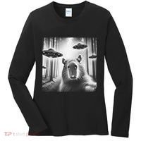 Funny Graphic Novelty Capybara Selfie With Ufo Weird Silly Women's Long Sleeve Shirt thumb 0