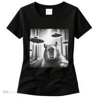 Funny Graphic Novelty Capybara Selfie With Ufo Weird Silly Women's T-Shirt thumb 0