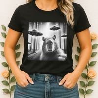 Funny Graphic Novelty Capybara Selfie With Ufo Weird Silly Women's T-Shirt thumb 2
