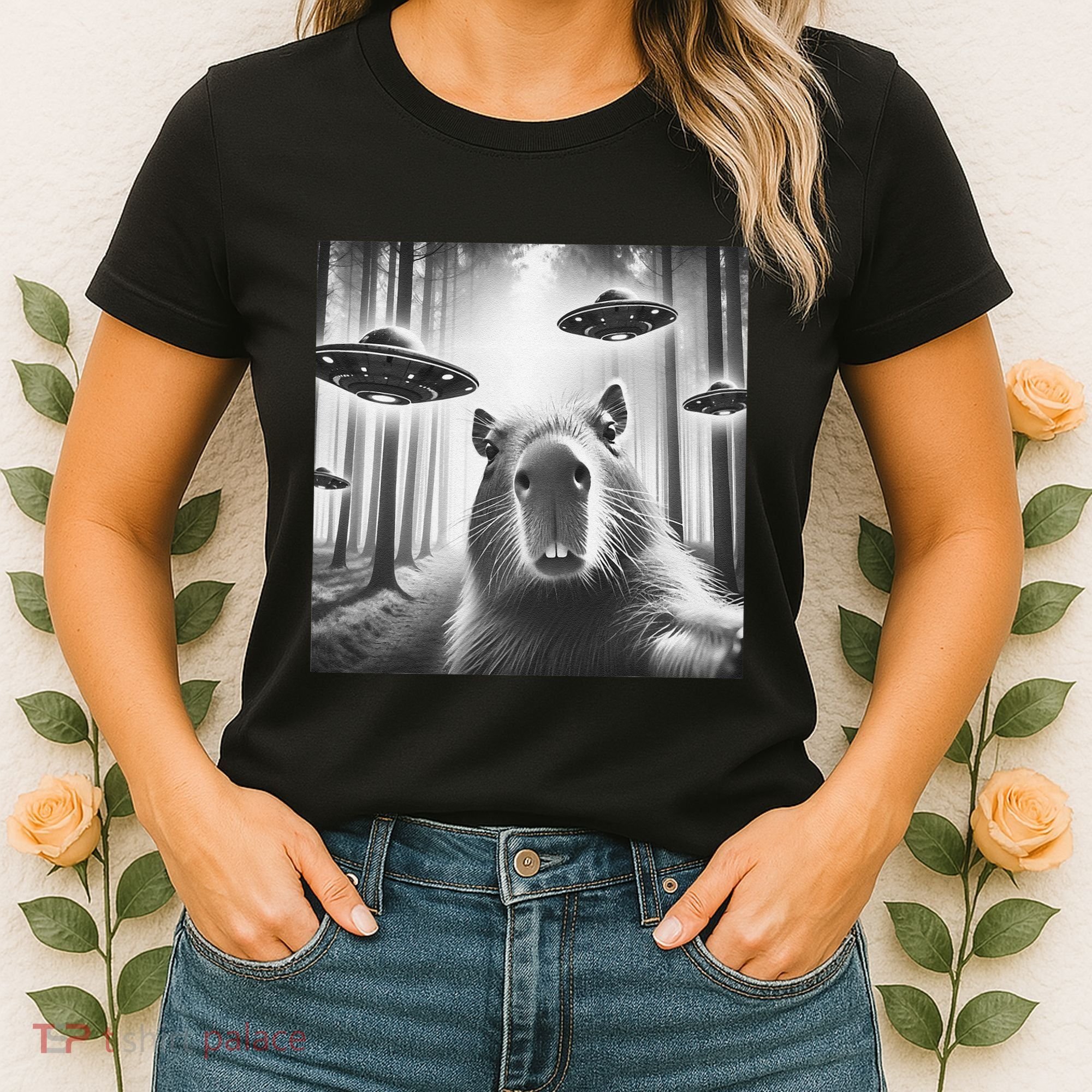Funny Graphic Novelty Capybara Selfie With Ufo Weird Silly Women's T-Shirt