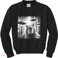 Funny Graphic Novelty Capybara Selfie With Ufo Weird Silly Kids Sweatshirt thumb 0