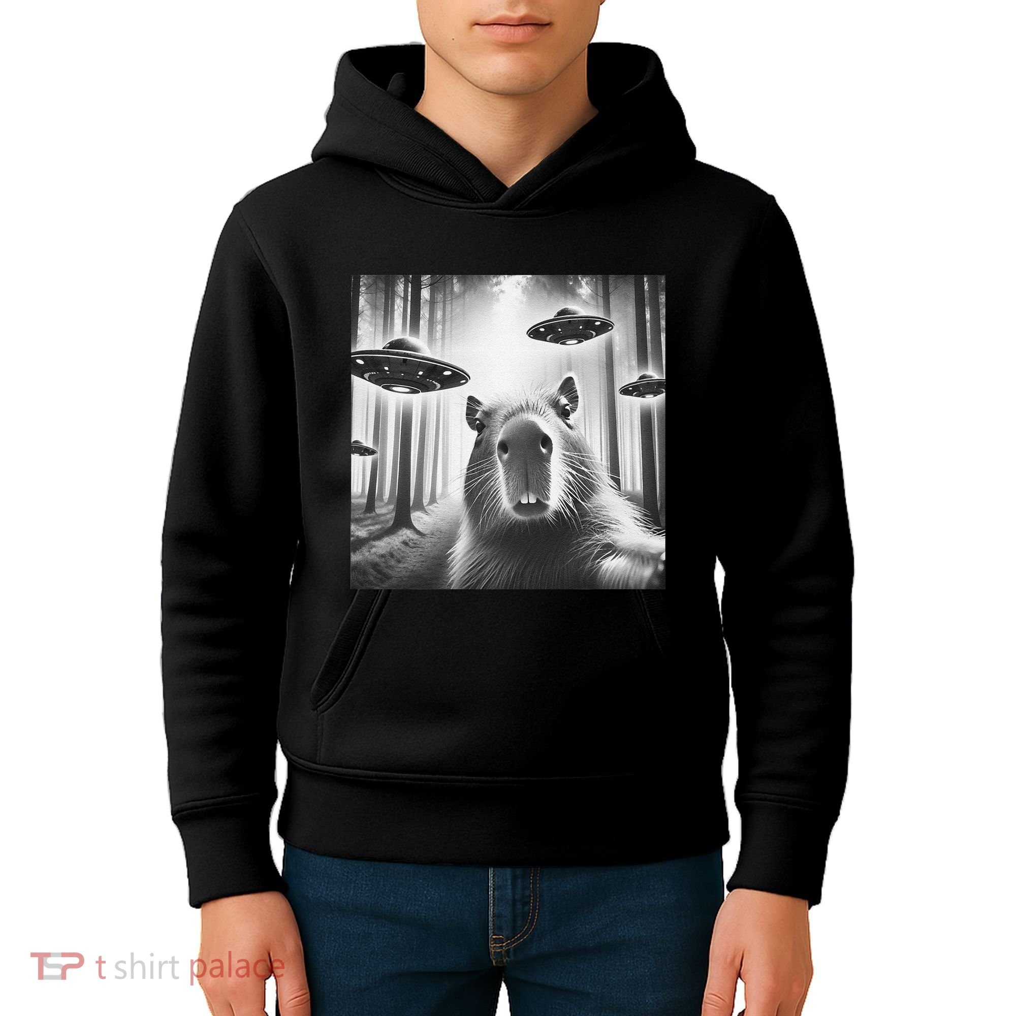 Funny Graphic Novelty Capybara Selfie With Ufo Weird Silly Kids Hoodie