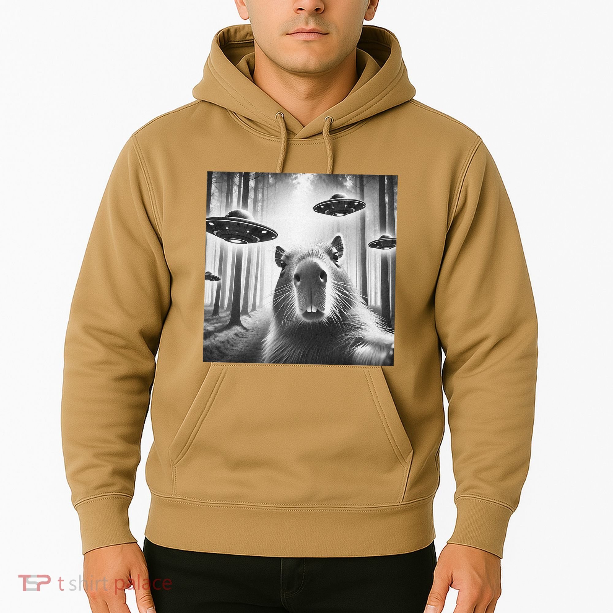 Funny Graphic Novelty Capybara Selfie With Ufo Weird Silly Hoodie