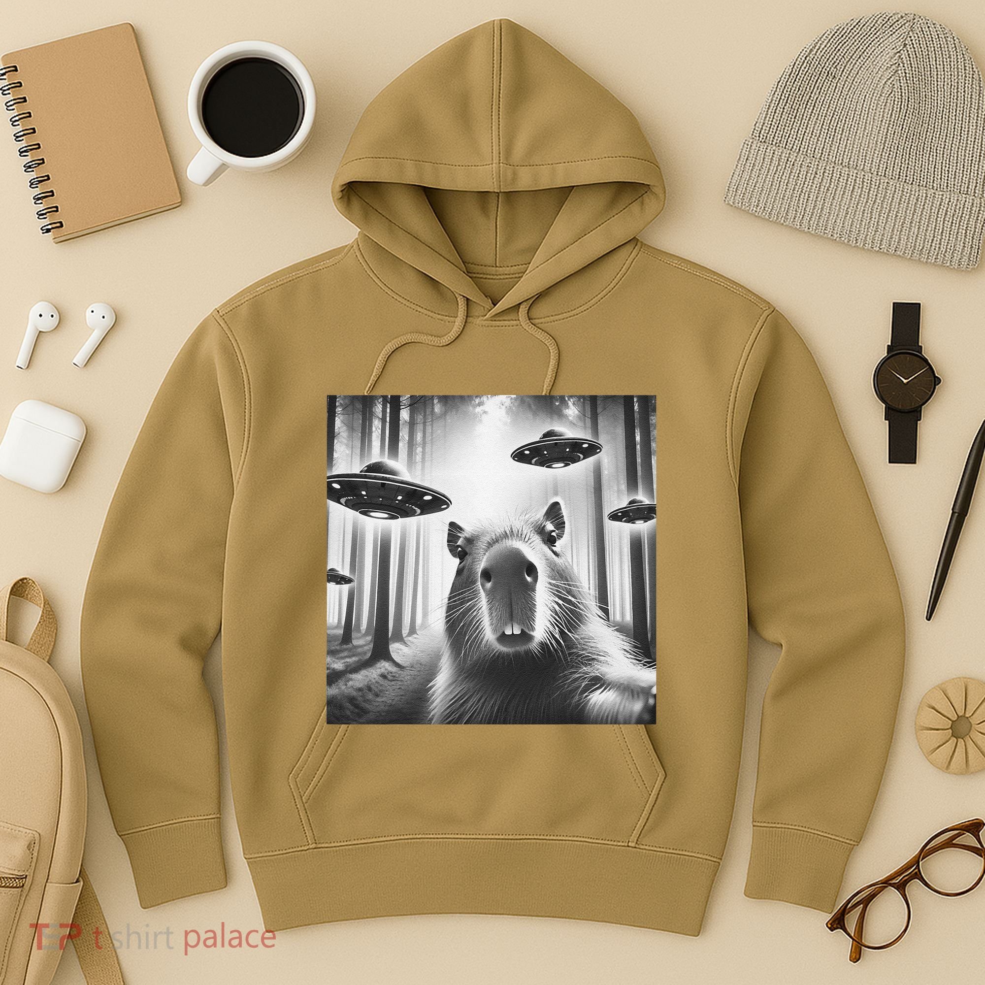 Funny Graphic Novelty Capybara Selfie With Ufo Weird Silly Hoodie