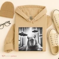 Funny Graphic Novelty Capybara Selfie With Ufo Weird Silly Hoodie thumb 4