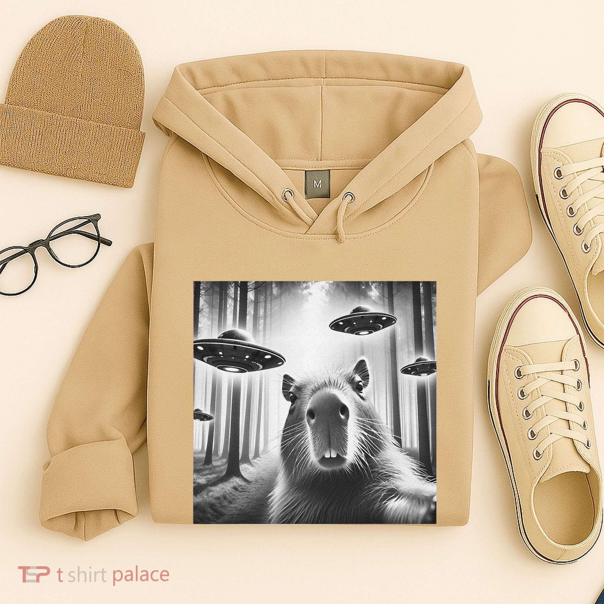 Funny Graphic Novelty Capybara Selfie With Ufo Weird Silly Hoodie