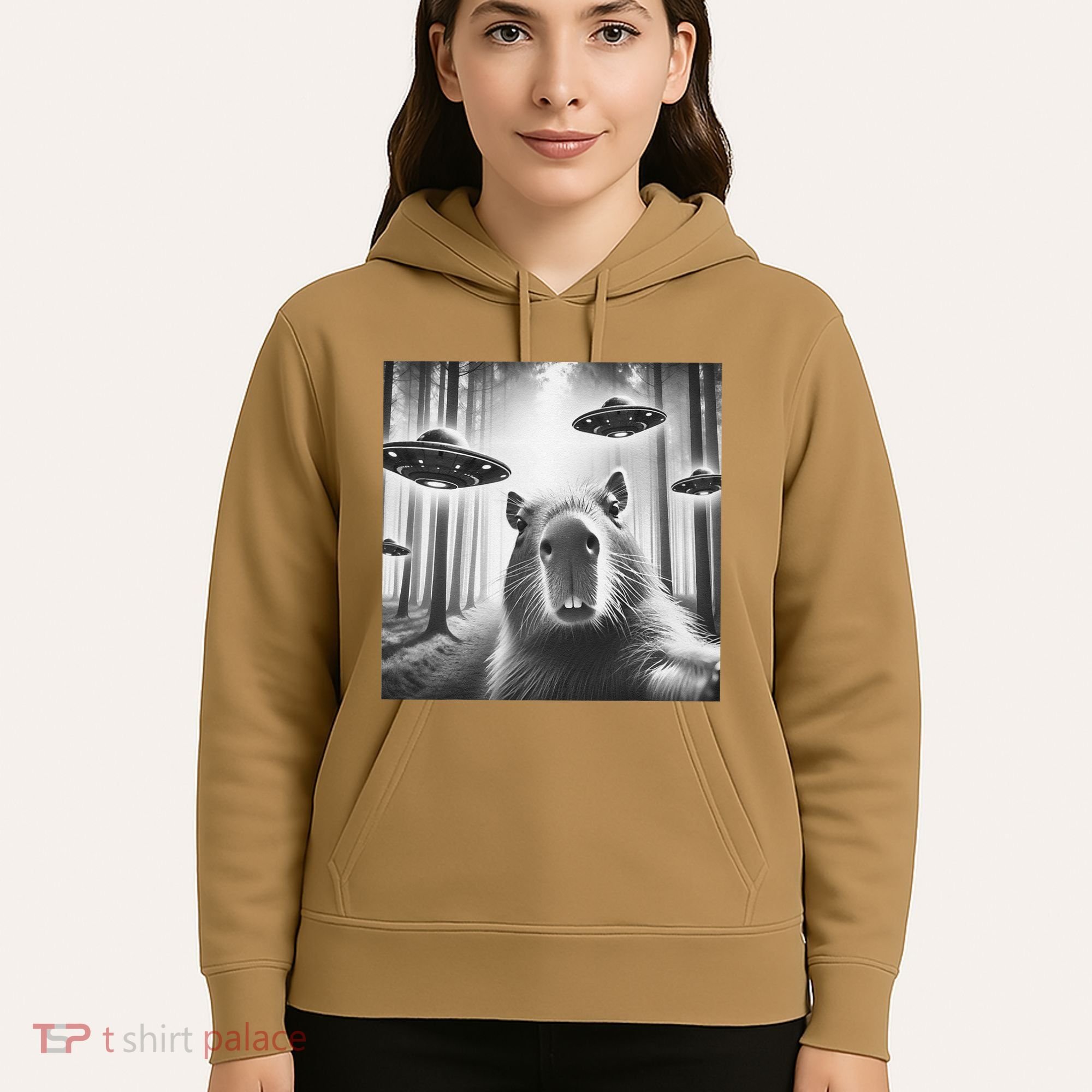 Funny Graphic Novelty Capybara Selfie With Ufo Weird Silly Hoodie