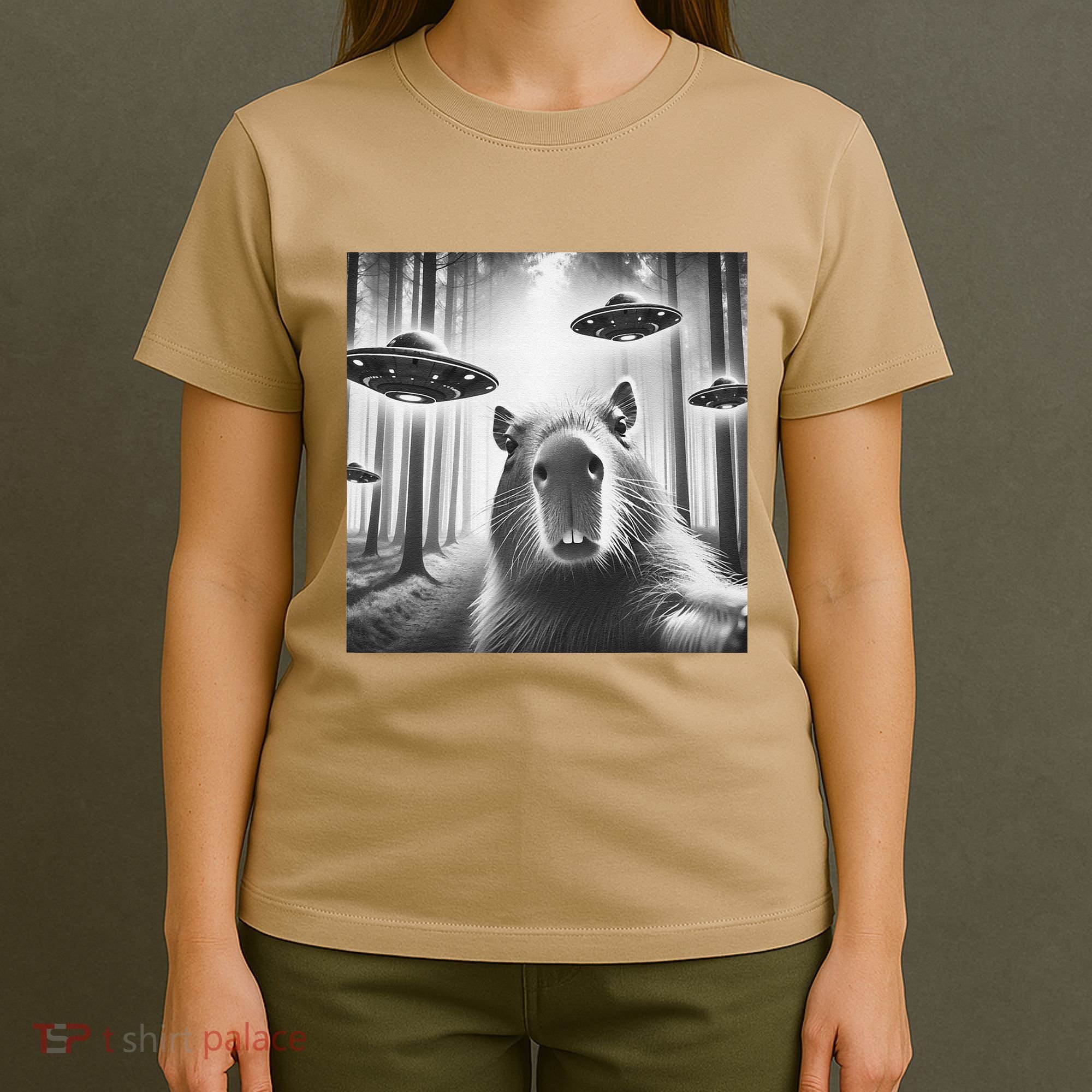 Funny Graphic Novelty Capybara Selfie With Ufo Weird Silly T-Shirt