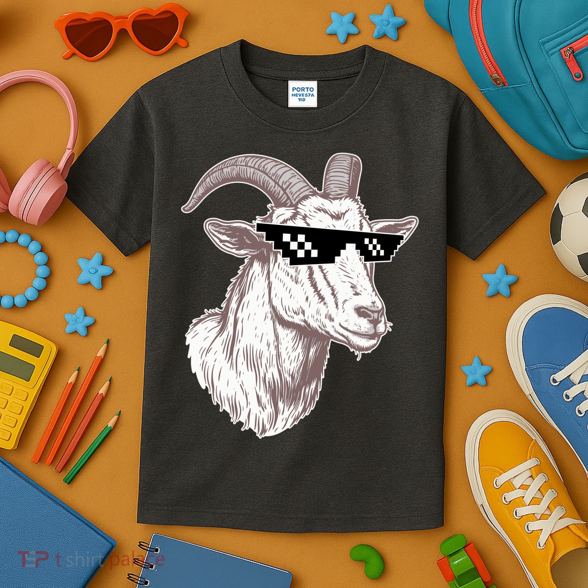 Funny GOAT Pixel Sunglasses Meme Kids T-Shirt