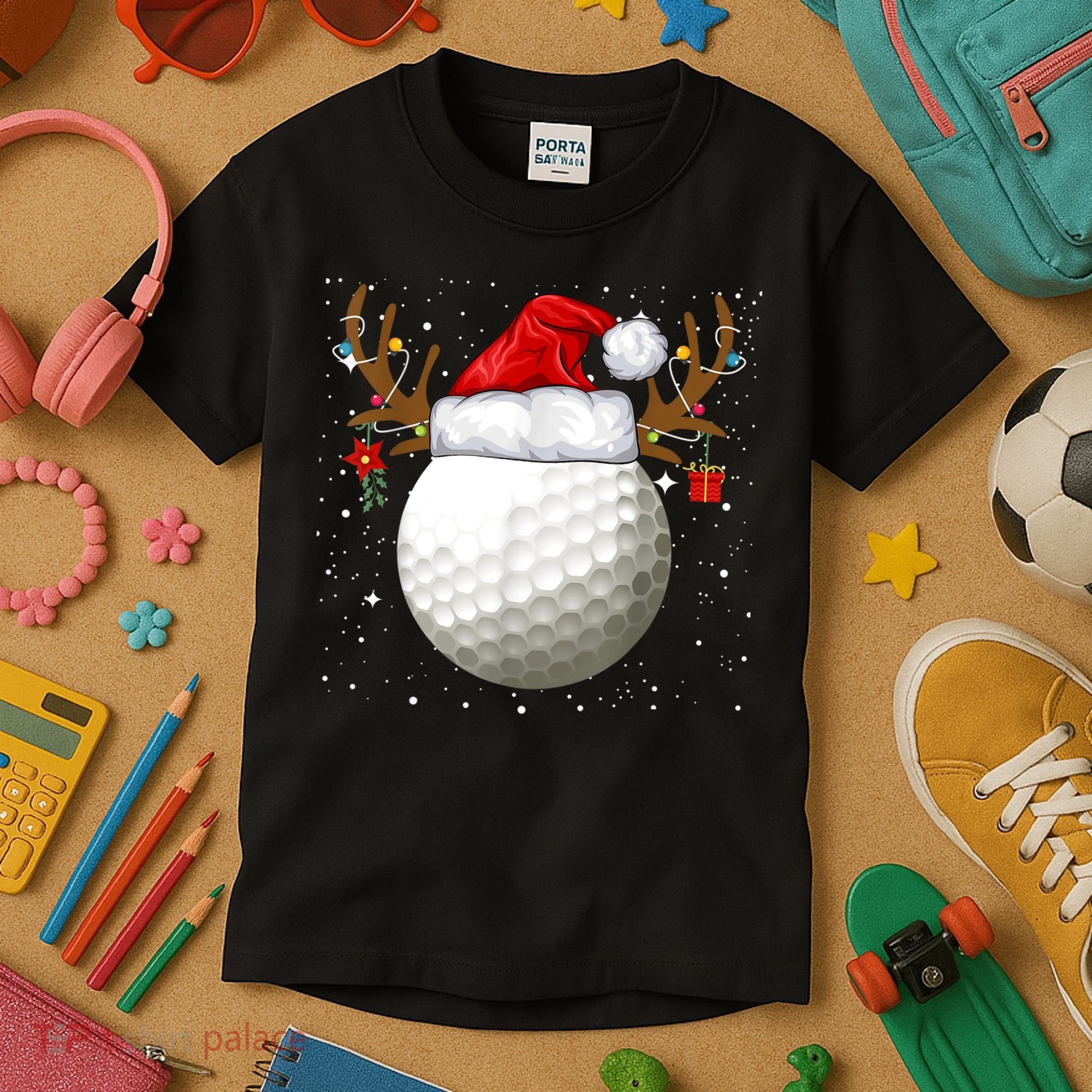 Funny Golf Reindeer Santa Hat Christmas Holiday Gifts TShirt Kids T-Shirt
