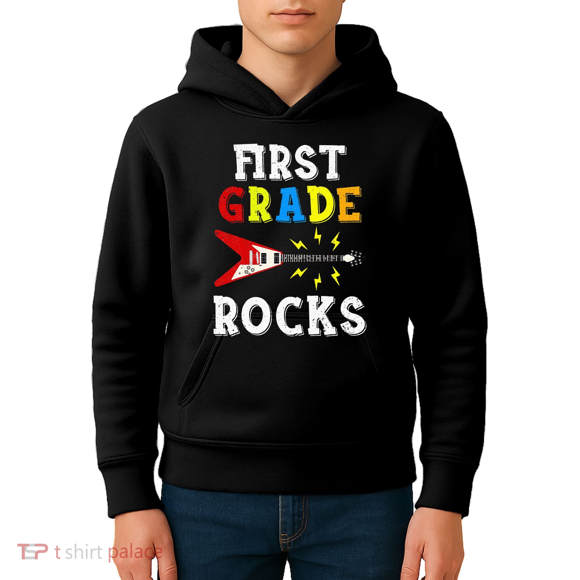 First Grade Rocks Guitar Music Gifts First Day Of School Kids Hoodie