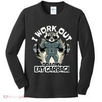 Funny Gym Raccoon I Workout So I Can Eat Garbage Kids Long Sleeve Shirt thumb 0