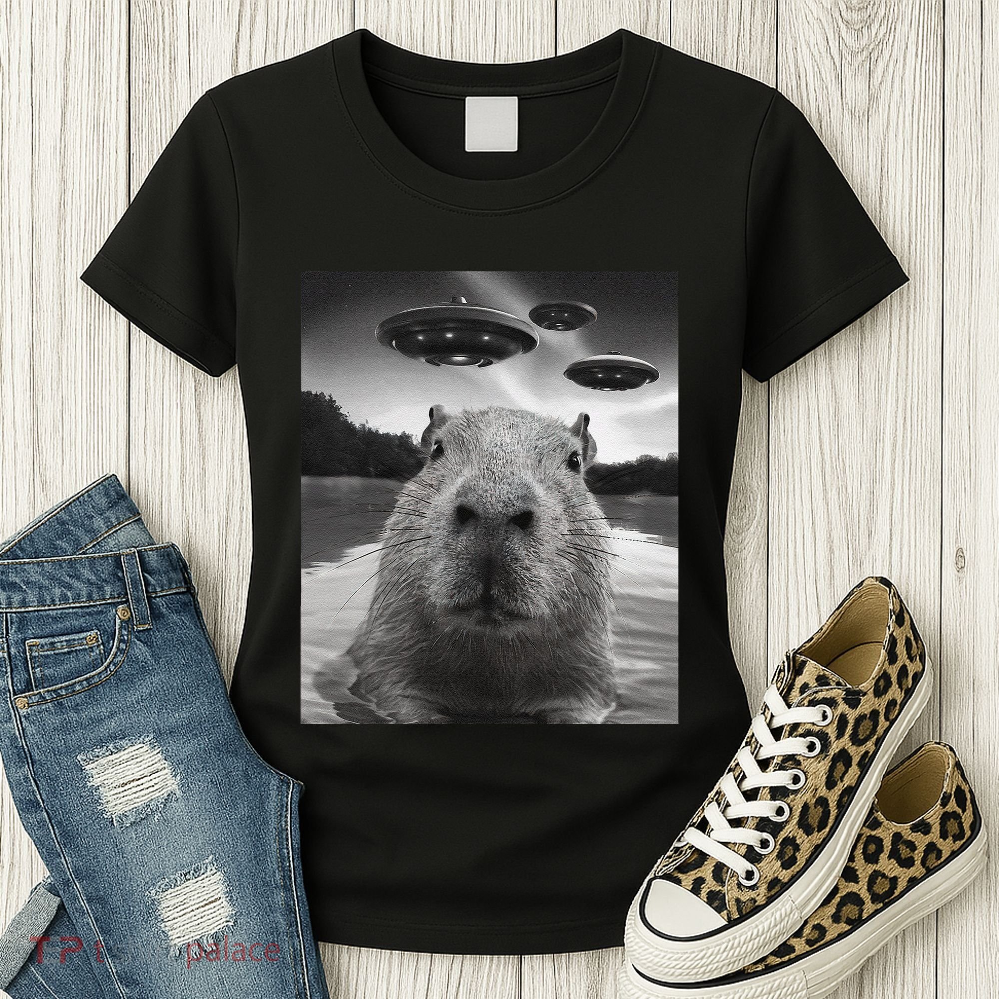Funny Graphiccapybara Selfie With Ufos Weird Women's T-Shirt