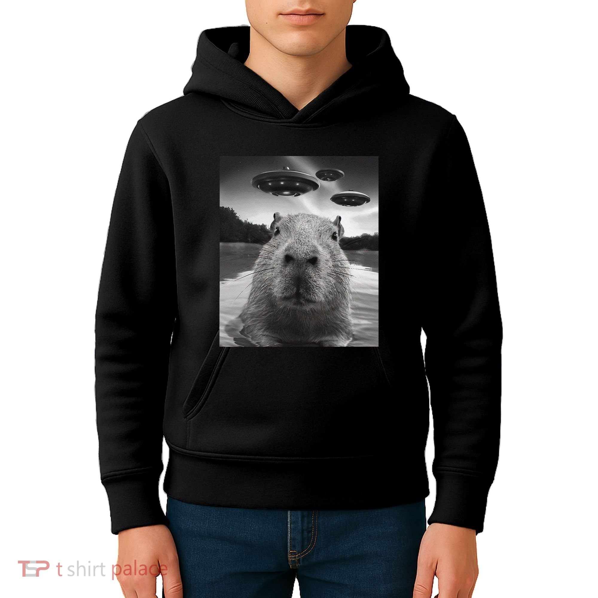 Funny Graphiccapybara Selfie With Ufos Weird Kids Hoodie