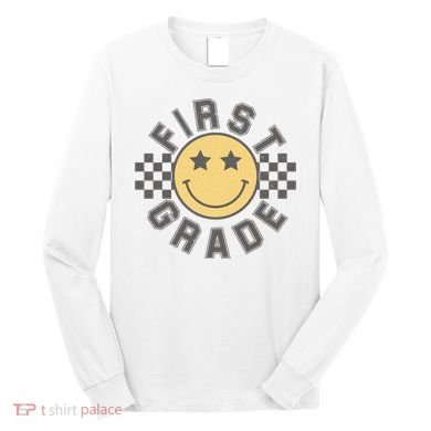 First Grade Star Smile Checker Back To School Retro Long Sleeve Shirt