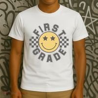 First Grade Star Smile Checker Back To School Retro T-Shirt thumb 3